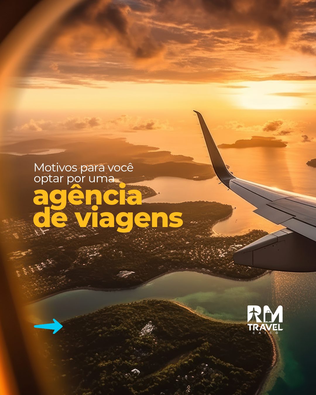 Post da RM Travel com vista da janela do avião e o tema motivos para optar por uma agência de viagens