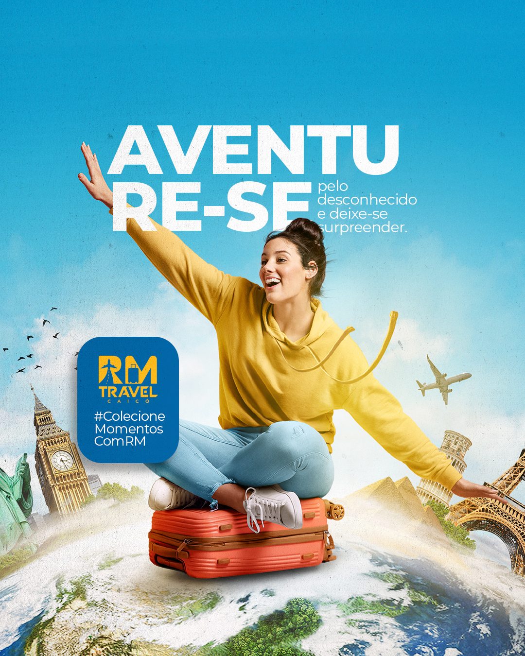 Post da RM Travel com mulher sobre uma mala e a chamada aventure-se pelo desconhecido