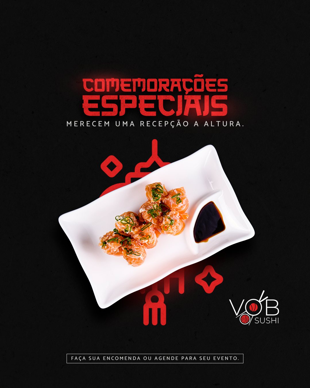 Post da VOB Sushi em fundo preto com prato de sushi e a chamada comemorações especiais