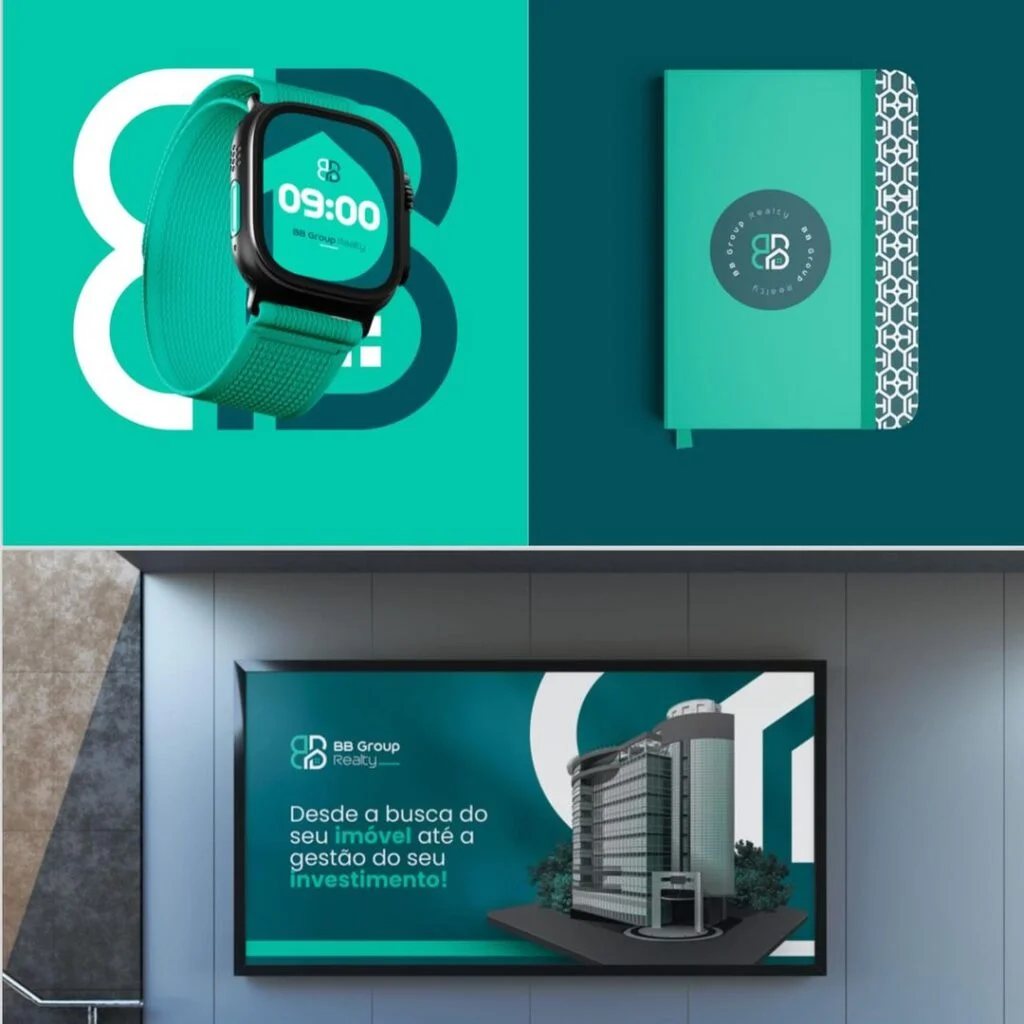 Aplicações da marca BB Group Realty em relógio, caderno e painel