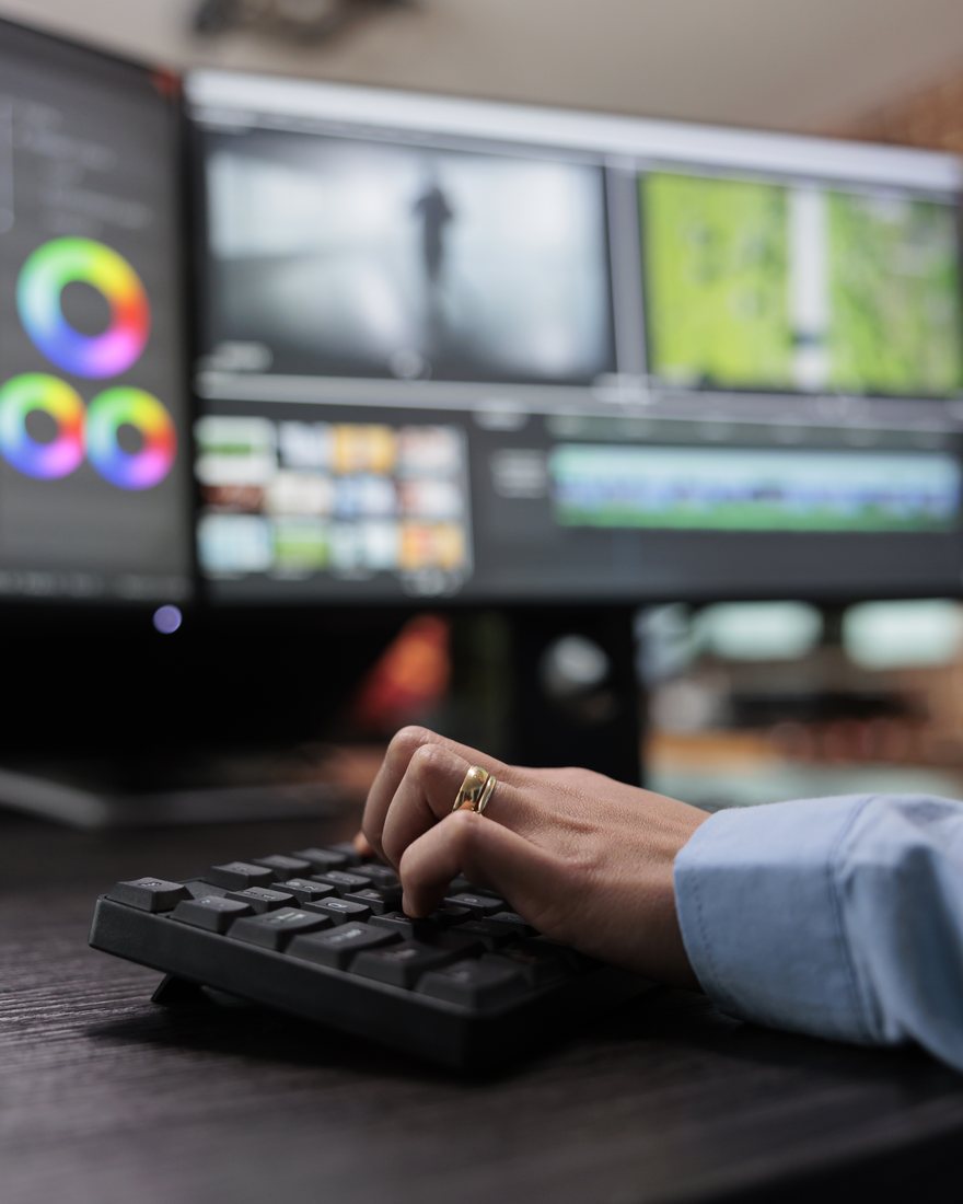 Mão sobre o teclado editando uma timeline de vídeo com rodas de cor na tela