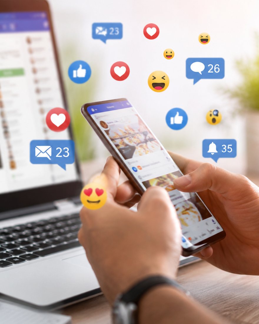 Celular e notebook com publicações e reações de rede social